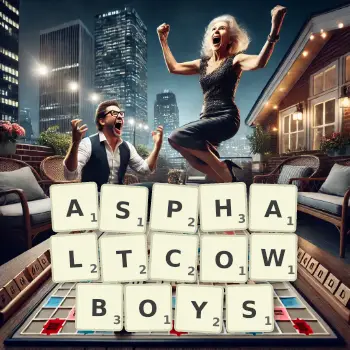 Kreative Illustration für ein Scrabble-Spiel, bei dem das Wort ASPHALTCOWBOYS mit Steinen auf dem Brett gelegt wurde.