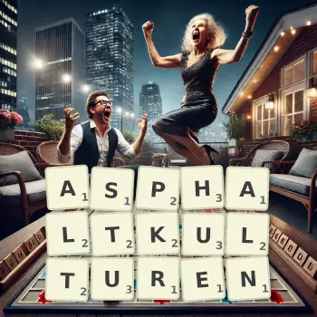 Kreative Illustration für ein Scrabble-Spiel, bei dem das Wort ASPHALTKULTUREN mit Steinen auf dem Brett gelegt wurde.