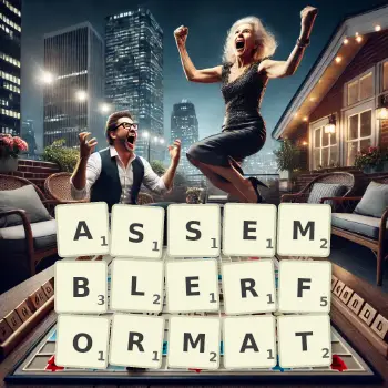 Kreative Illustration für ein Scrabble-Spiel, bei dem das Wort ASSEMBLERFORMAT mit Steinen auf dem Brett gelegt wurde.