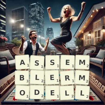 Kreative Illustration für ein Scrabble-Spiel, bei dem das Wort ASSEMBLERMODELL mit Steinen auf dem Brett gelegt wurde.