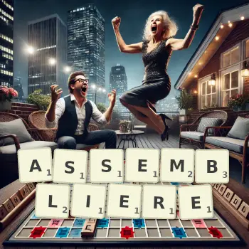 Kreative Illustration für ein Scrabble-Spiel, bei dem das Wort ASSEMBLIERE mit Steinen auf dem Brett gelegt wurde.