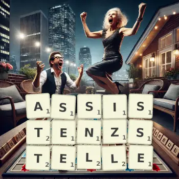 Kreative Illustration für ein Scrabble-Spiel, bei dem das Wort ASSISTENZSTELLE mit Steinen auf dem Brett gelegt wurde.