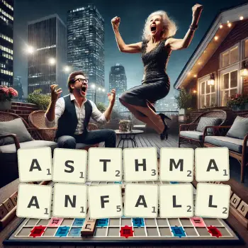 Kreative Illustration für ein Scrabble-Spiel, bei dem das Wort ASTHMAANFALL mit Steinen auf dem Brett gelegt wurde.