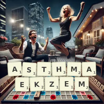 Kreative Illustration für ein Scrabble-Spiel, bei dem das Wort ASTHMAEKZEM mit Steinen auf dem Brett gelegt wurde.