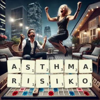 Kreative Illustration für ein Scrabble-Spiel, bei dem das Wort ASTHMARISIKO mit Steinen auf dem Brett gelegt wurde.