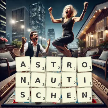 Kreative Illustration für ein Scrabble-Spiel, bei dem das Wort ASTRONAUTISCHEN mit Steinen auf dem Brett gelegt wurde.