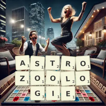 Kreative Illustration für ein Scrabble-Spiel, bei dem das Wort ASTROZOOLOGIE mit Steinen auf dem Brett gelegt wurde.