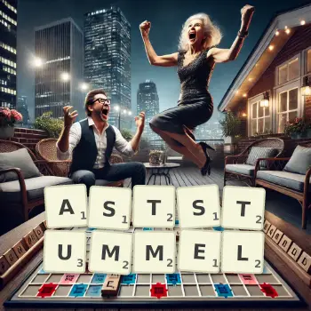 Kreative Illustration für ein Scrabble-Spiel, bei dem das Wort ASTSTUMMEL mit Steinen auf dem Brett gelegt wurde.