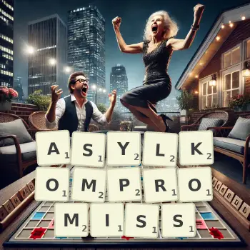 Kreative Illustration für ein Scrabble-Spiel, bei dem das Wort ASYLKOMPROMISS mit Steinen auf dem Brett gelegt wurde.