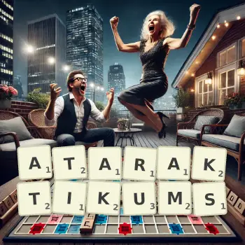 Kreative Illustration für ein Scrabble-Spiel, bei dem das Wort ATARAKTIKUMS mit Steinen auf dem Brett gelegt wurde.