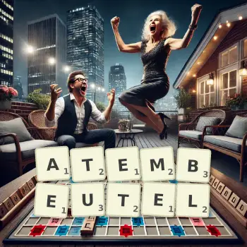 Kreative Illustration für ein Scrabble-Spiel, bei dem das Wort ATEMBEUTEL mit Steinen auf dem Brett gelegt wurde.