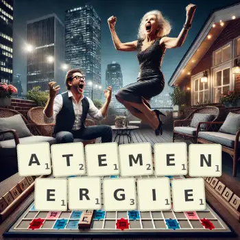 Kreative Illustration für ein Scrabble-Spiel, bei dem das Wort ATEMENERGIE mit Steinen auf dem Brett gelegt wurde.