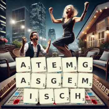 Kreative Illustration für ein Scrabble-Spiel, bei dem das Wort ATEMGASGEMISCH mit Steinen auf dem Brett gelegt wurde.