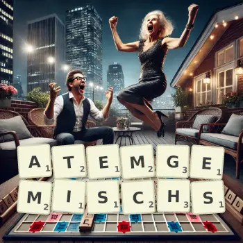 Kreative Illustration für ein Scrabble-Spiel, bei dem das Wort ATEMGEMISCHS mit Steinen auf dem Brett gelegt wurde.