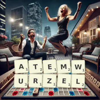 Kreative Illustration für ein Scrabble-Spiel, bei dem das Wort ATEMWURZEL mit Steinen auf dem Brett gelegt wurde.