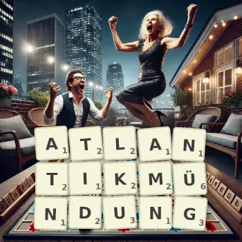 Kreative Illustration für ein Scrabble-Spiel, bei dem das Wort ATLANTIKMÜNDUNG mit Steinen auf dem Brett gelegt wurde.