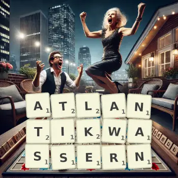 Kreative Illustration für ein Scrabble-Spiel, bei dem das Wort ATLANTIKWASSERN mit Steinen auf dem Brett gelegt wurde.