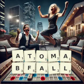 Kreative Illustration für ein Scrabble-Spiel, bei dem das Wort ATOMABFALL mit Steinen auf dem Brett gelegt wurde.