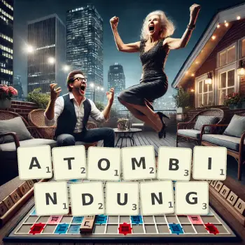 Kreative Illustration für ein Scrabble-Spiel, bei dem das Wort ATOMBINDUNG mit Steinen auf dem Brett gelegt wurde.
