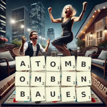 Kreative Illustration für ein Scrabble-Spiel, bei dem das Wort ATOMBOMBENBAUES mit Steinen auf dem Brett gelegt wurde.
