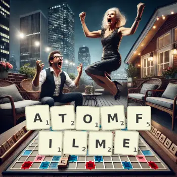 Kreative Illustration für ein Scrabble-Spiel, bei dem das Wort ATOMFILME mit Steinen auf dem Brett gelegt wurde.