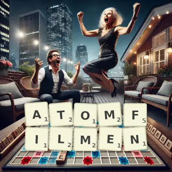 Kreative Illustration für ein Scrabble-Spiel, bei dem das Wort ATOMFILMEN mit Steinen auf dem Brett gelegt wurde.