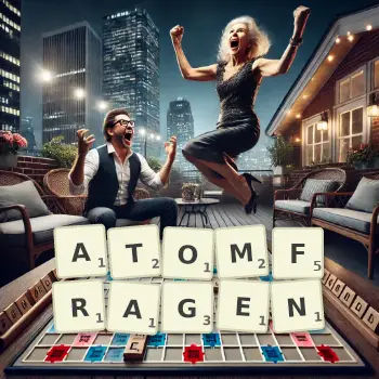 Kreative Illustration für ein Scrabble-Spiel, bei dem das Wort ATOMFRAGEN mit Steinen auf dem Brett gelegt wurde.