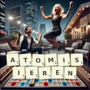 Kreative Illustration für ein Scrabble-Spiel, bei dem das Wort ATOMISIEREN mit Steinen auf dem Brett gelegt wurde.