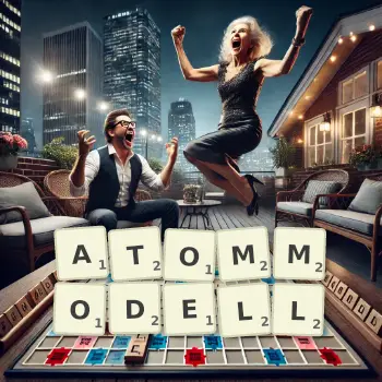 Kreative Illustration für ein Scrabble-Spiel, bei dem das Wort ATOMMODELL mit Steinen auf dem Brett gelegt wurde.