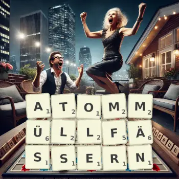 Kreative Illustration für ein Scrabble-Spiel, bei dem das Wort ATOMMÜLLFÄSSERN mit Steinen auf dem Brett gelegt wurde.