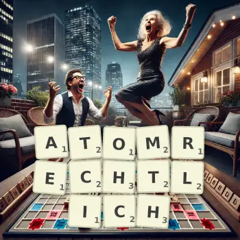 Kreative Illustration für ein Scrabble-Spiel, bei dem das Wort ATOMRECHTLICH mit Steinen auf dem Brett gelegt wurde.