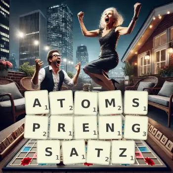 Kreative Illustration für ein Scrabble-Spiel, bei dem das Wort ATOMSPRENGSATZ mit Steinen auf dem Brett gelegt wurde.