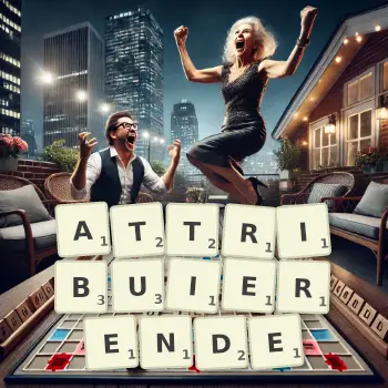 Kreative Illustration für ein Scrabble-Spiel, bei dem das Wort ATTRIBUIERENDE mit Steinen auf dem Brett gelegt wurde.