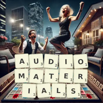 Kreative Illustration für ein Scrabble-Spiel, bei dem das Wort AUDIOMATERIALS mit Steinen auf dem Brett gelegt wurde.