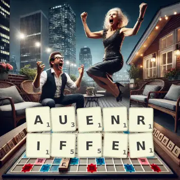 Kreative Illustration für ein Scrabble-Spiel, bei dem das Wort AUENRIFFEN mit Steinen auf dem Brett gelegt wurde.