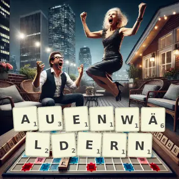 Kreative Illustration für ein Scrabble-Spiel, bei dem das Wort AUENWÄLDERN mit Steinen auf dem Brett gelegt wurde.