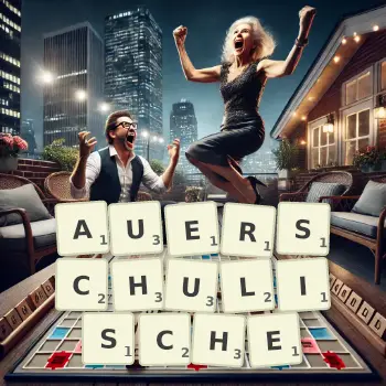 Kreative Illustration für ein Scrabble-Spiel, bei dem das Wort AUERSCHULISCHE mit Steinen auf dem Brett gelegt wurde.