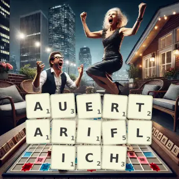 Kreative Illustration für ein Scrabble-Spiel, bei dem das Wort AUERTARIFLICH mit Steinen auf dem Brett gelegt wurde.
