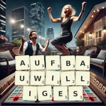 Kreative Illustration für ein Scrabble-Spiel, bei dem das Wort AUFBAUWILLIGES mit Steinen auf dem Brett gelegt wurde.