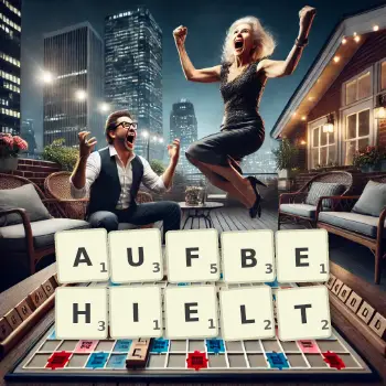 Kreative Illustration für ein Scrabble-Spiel, bei dem das Wort AUFBEHIELT mit Steinen auf dem Brett gelegt wurde.