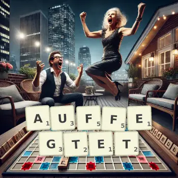 Kreative Illustration für ein Scrabble-Spiel, bei dem das Wort AUFFEGTET mit Steinen auf dem Brett gelegt wurde.