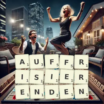 Kreative Illustration für ein Scrabble-Spiel, bei dem das Wort AUFFRISIERENDEN mit Steinen auf dem Brett gelegt wurde.