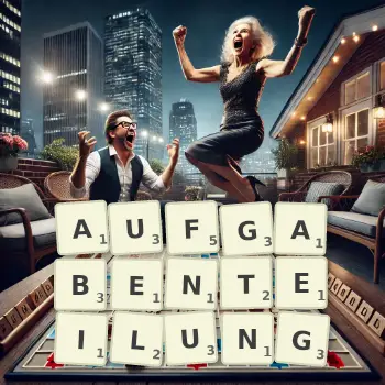 Kreative Illustration für ein Scrabble-Spiel, bei dem das Wort AUFGABENTEILUNG mit Steinen auf dem Brett gelegt wurde.