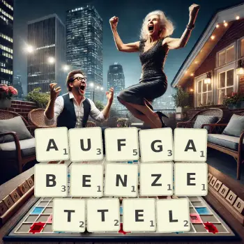 Kreative Illustration für ein Scrabble-Spiel, bei dem das Wort AUFGABENZETTEL mit Steinen auf dem Brett gelegt wurde.