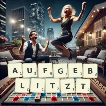 Kreative Illustration für ein Scrabble-Spiel, bei dem das Wort AUFGEBLITZT mit Steinen auf dem Brett gelegt wurde.