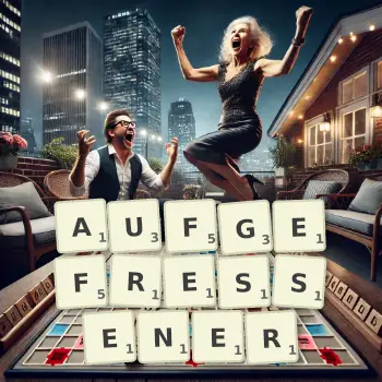 Kreative Illustration für ein Scrabble-Spiel, bei dem das Wort AUFGEFRESSENER mit Steinen auf dem Brett gelegt wurde.
