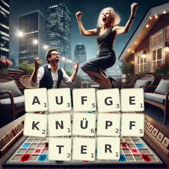 Kreative Illustration für ein Scrabble-Spiel, bei dem das Wort AUFGEKNÜPFTER mit Steinen auf dem Brett gelegt wurde.