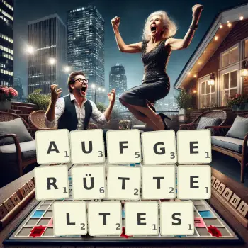 Kreative Illustration für ein Scrabble-Spiel, bei dem das Wort AUFGERÜTTELTES mit Steinen auf dem Brett gelegt wurde.