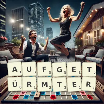 Kreative Illustration für ein Scrabble-Spiel, bei dem das Wort AUFGETÜRMTER mit Steinen auf dem Brett gelegt wurde.