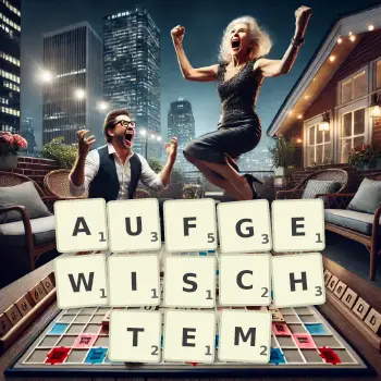 Kreative Illustration für ein Scrabble-Spiel, bei dem das Wort AUFGEWISCHTEM mit Steinen auf dem Brett gelegt wurde.